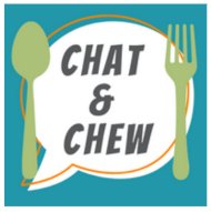 White plate with utensils and the Chat and Chew on a green background
